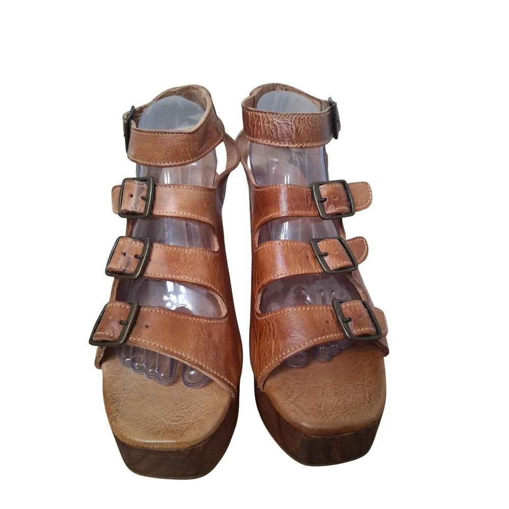 Bed Stu Jordyn Womens size 10 Leather Strappy Wood‎ Chunky Platform Block Heels